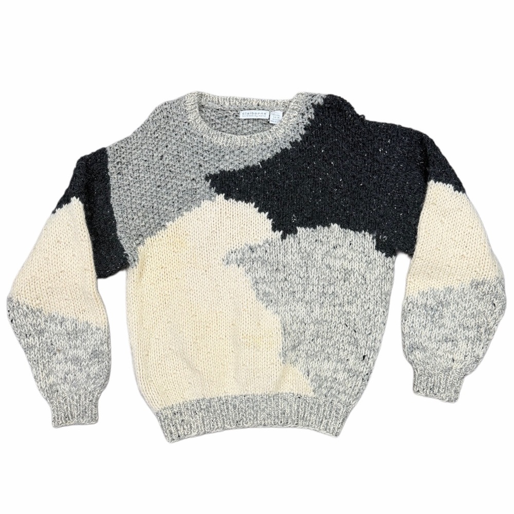 Vintage Claiborne Hand Knit 100% Wool Colorblock Sweater M Chunky Cozy